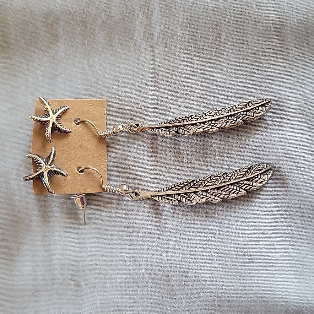 Starfish and feather earring set